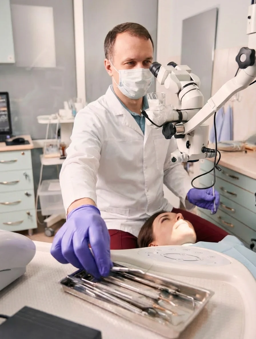 Dr. Ion Rotaru working at a dental operating microscope in the Tampa operatory